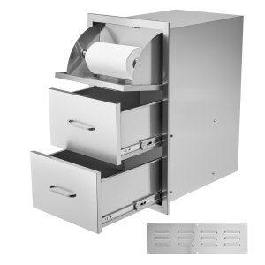 17W X 30H 21D Inch Outdoor Kitchen Stainless Steel Double Access Drawers Paper Towel Holder Combo BBQ Island Or Grill Station, 17 in, KM-CTG-2302-SKU1, Stainless Steel, ID 30X1-01V0